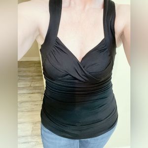 Women’s black sleeveless top with ruching